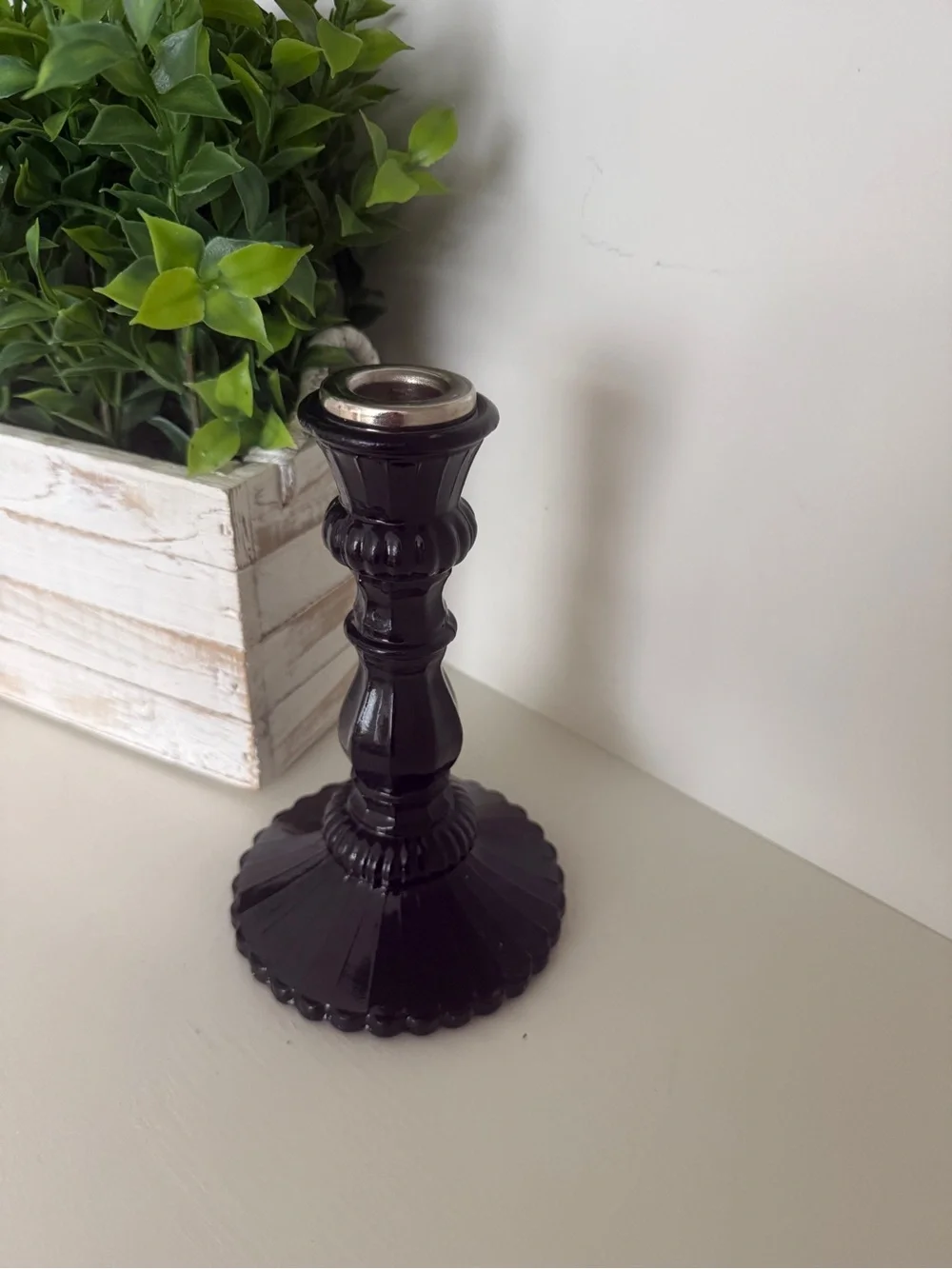 Amethyst Glass Taper Candle Holder | Dark Purple Pressed Glass Cottage Decor - Picture 2 of 10